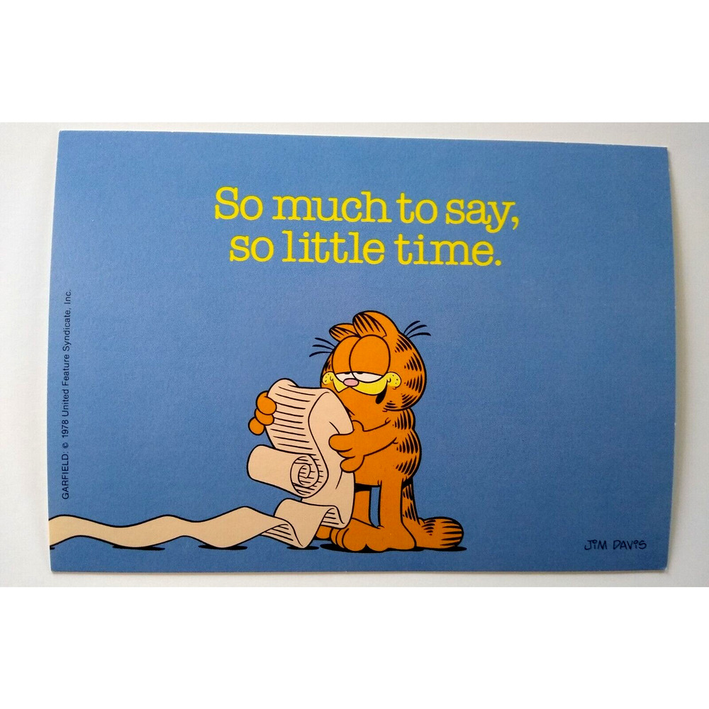 Garfield Cat Postcard So Much Time United Features Jim Davis 1978 Continental